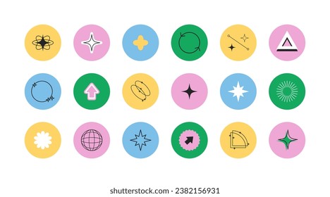 Conjunto de pegatinas redondas con diferentes formas, marcos, formas de estilo y2k moderno. Iconos de plantilla, elementos de diseño minimalista, signos geométricos, símbolos para resaltados, impresión, web, negocios. Vector