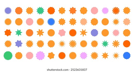 Set of round stickers in form of colored circles with zigzag, wavy edges, flowers, star burst. Vector illustration of symbols, elements as background for price tags, discounts, inscriptions, headings.
