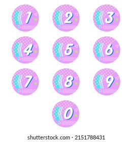Set of round stickers with numbers from 0 to 9 in memphis style