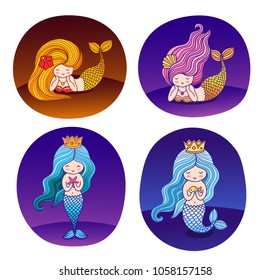 Set of round stickers, patches, badges with cute little mermaid girls on a different background. Vector flat illustrations.