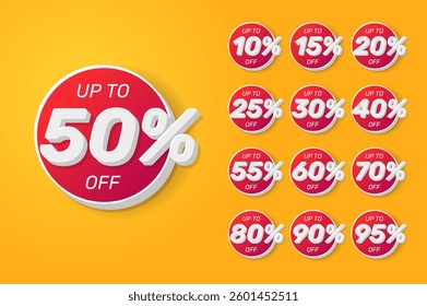 A set of round stickers in red and white colors with different percentages. Up to % off.