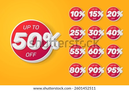 A set of round stickers in red and white colors with different percentages. Up to % off.