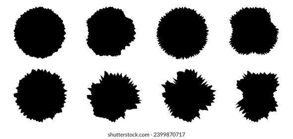 Set of round stickers with torn edges. Black hole with sharp edges. Silhouette of crumpled paper