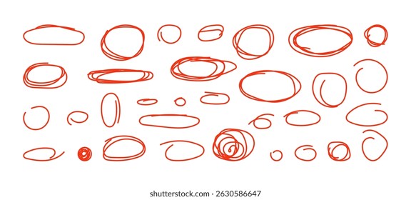Conjunto de traçados redondos desenhados com um marcador vermelho. Conjunto de traçados ovais de vetor isolados em um plano de fundo branco.