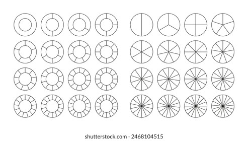 Set of round structure graphs. Outline circular chart. Piechart with segments and slices. Schemes with sectors. Pie diagram divided into pieces. Circle section template. Vector illustration