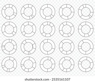 Set of round structure graphs. Outline circular chart. Piechart with segments and slices. Schemes with sectors. Pie diagram divided into pieces. Circle section template. Vector illustration. EPS 10.