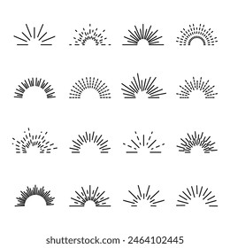 Set round sunburst. Bursting rays sunrise firework.