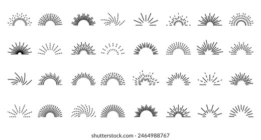 Set round sunburst. Bursting rays sunrise firework.