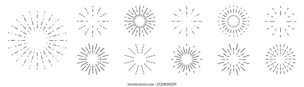 Set of round sunburst, line radial frame, firework icons