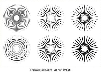 Set of round sunburst, Radial circle lines. Firework black explosion. Starburst set, radial starburst shape set, burst clip art illustration, abstract fireworks, isolated
