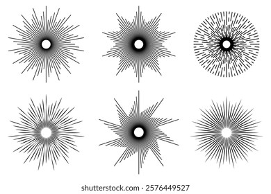 Set of round sunburst, Radial circle lines. Firework black explosion. Starburst set, radial starburst shape set, burst clip art illustration, abstract fireworks, isolated