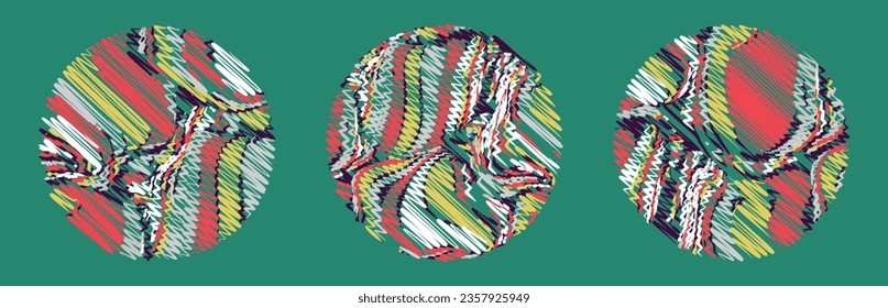 A set of round surfaces with a striped sketch pattern with a retro motif. Abstract banner in the form of a circle of multi-colored strokes like a embroidery. Graphic design background in a set. Vector