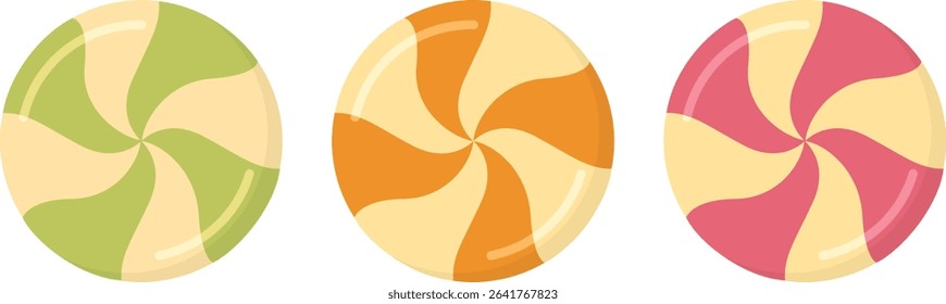 Set of round swirl candies isolated on white. Colorful striped caramel sweets