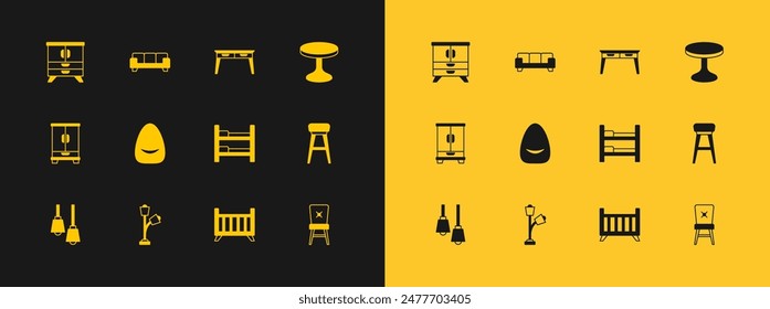 Set Round table, Floor lamp, Bunk bed, Baby crib cradle, Pouf, Office desk, Chest of drawers and Sofa icon. Vector