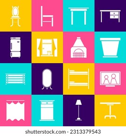 Set Round table, Picture frame on, Flower pot, Wooden, Window with curtains, Refrigerator, Chair and Interior fireplace icon. Vector