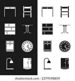 Set Round table, Shelf, Wooden, Chair, Furniture nightstand, Clock, Shower cabin and Table lamp icon. Vector
