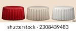 Set of Round Table with Tablecloth Isolated on beige Background. Meeting room table clothes, Red, beige and white silk table clothes. 3D vector illustration.
