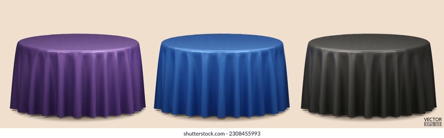 Set of Round Table with Tablecloth Isolated on beige Background. Meeting room table clothes, Purple, blue and black silk table clothes. 3D vector illustration.
