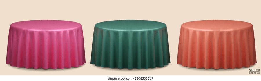 Mesa redonda con manteles aislados en fondo beige. Ropa de mesa de la sala de reuniones, ropas de seda rosa, verde y naranja. Ilustración vectorial 3D.
