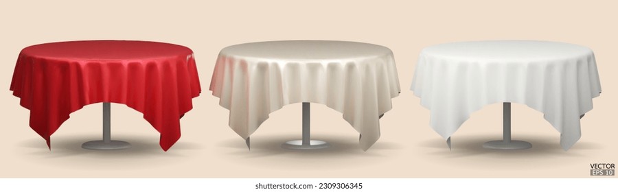 Mesa redonda con manteles aislados en fondo beige. Ropa de mesa de la sala de reuniones, rojas, beige y blancas de seda. Ilustración vectorial 3D.
