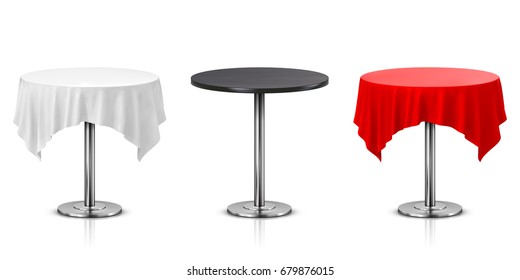 Set of Round Table with Tablecloth Isolated on White Background