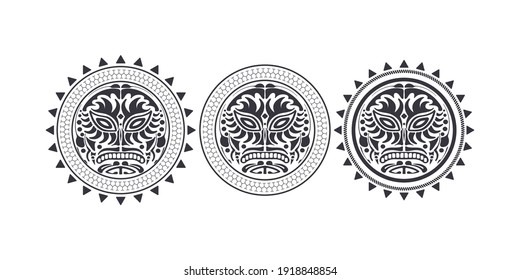 Conjunto de máscara de tatuajes redondos al estilo polinesio. Tatuaje blanco y negro de la tribu maya. Aislado. Ilustración vectorial.