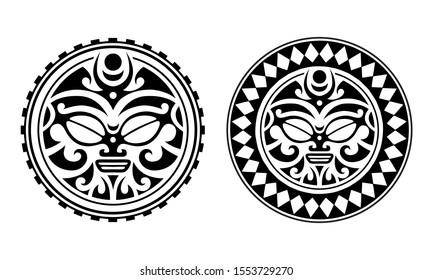 Set of round tattoo ornament with sun face maori style