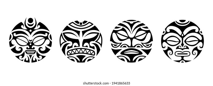 Set of round tattoo ornament with sun face maori style. Ethnic, african, aztec, Indian totem mask collection.