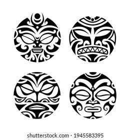 Set of round tattoo ornament with sun face maori style. Ethnic, african, aztec, Indian totem mask collection.
