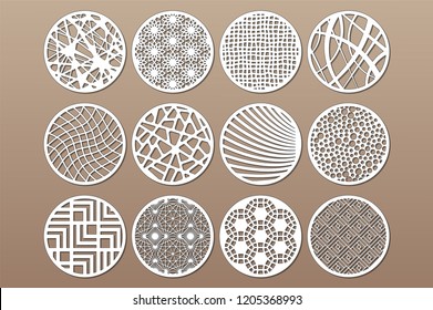 Set round template for cutting. Abstract line, geometric pattern. Laser cut. Set ratio 1:2. Vector illustration.