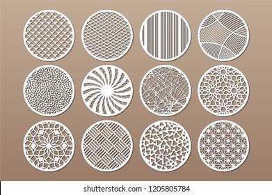 Set round template for cutting. Abstract line, geometric pattern. Laser cut. Set ratio 1:2. Vector illustration.