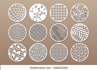 Set round template for cutting. Abstract line, geometric pattern. Laser cut. Set ratio 1:2. Vector illustration.