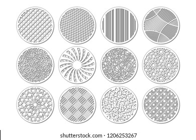Establecer una plantilla redonda para cortar. Línea abstracta, patrón geométrico. Corte láser. Establecer relación 1:2. Ilustración vectorial.