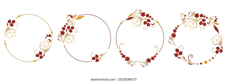 Set of Round template in vintage traditional Russian style. Branches in the form of stylized flowers and floral motifs. Vector ornament with twigs and berries for decoration.