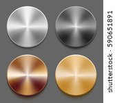 Set of round templates of metal button with gold, aluminum, steel and bronze metal texture isolated on gray background