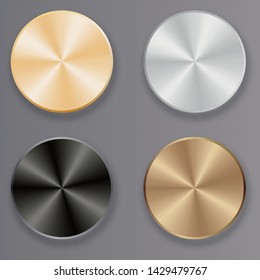 Set of round templates of metal button with gold, aluminum, steel and bronze metal.  Can be used as a coin button icons