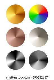 Set of round templates of metal button with gold, aluminum, steel and bronze metal texture isolated on gray background