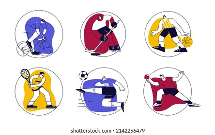 Set of round templates with Sportspersons from different field victory. Male and female Sportsmen Characters Workout. Flat Art vector Illustration.