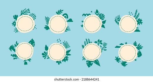 Set of round templates for text with botanical elements. Vector hand drawn eco and bio concept frames.