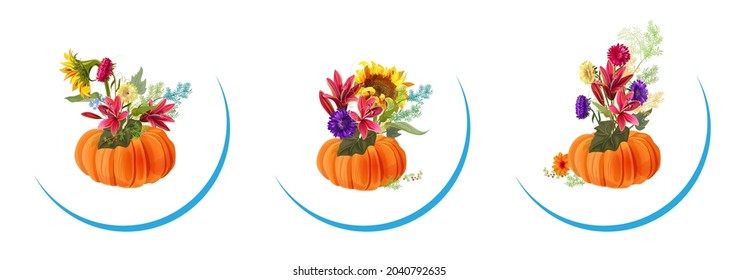 Set of Round Thanksgiving cards. Pumpkin and autumn flowers: lily, sunflower, aster, thistle, gerbera, daisy, twigs on white backgrounds. Illustrations in watercolor style for fall holidays, vector