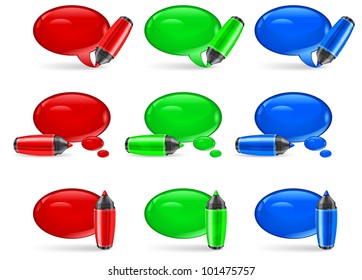 Set of round three color speech bubbles end felt tip pens on white, vector illustration