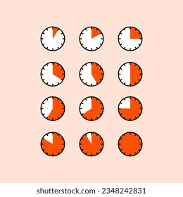 Set of round timer icon. Hour, minute, clock, stopwatch, countdown concepts. Colored outline vector design isolated illustration.