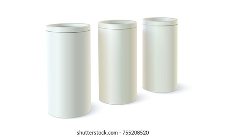 Set of round tins of packaging for bulk products. Container cylindrical shaped, icon of blank round tin cans template. Vector 3D illustration isolated on white background.
