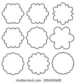 A set of round toothed frames. Simple contour labels, frames and stickers with various frames for use in designs, black contour isolated on a white background, vector
