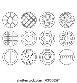 A set of round transparent outline icons cookies and biscuits with different patterns, with filling various shapes. Vector drawing. Isolated illustrations.