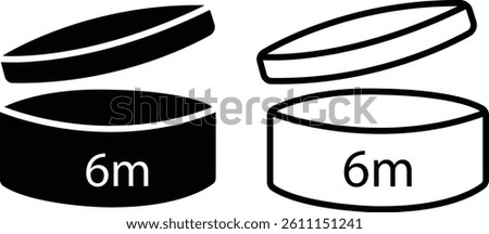 Set of Round tub with cap opened black flat and line styles. Periods After Opening 6 months, shelf life vectors illustration. Pao expiration date packaging symbols isolated on transparent background.