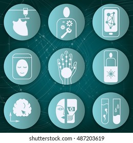 Set of round turquoise flat vector icons on the subject of life extension technologies, medicine in the future.