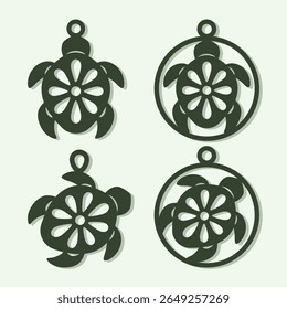 Conjunto de pingentes de tartaruga redonda. Animais marinhos bonitos com um padrão floral, vegetal de concha. Modelo para plotter corte a laser de papel, fretwork, escultura em madeira, gravação em metal, cnc. Ilustração vetorial.