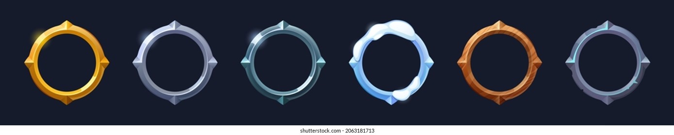 Set of round ui game frames, textured circles made of silver, gold, metal with snow, wood or stone materials Cartoon circular empty borders, isolated graphic design gui elements, Vector illustration - Shutterstock ID 2063181713