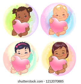 Set of round user pics with babies. Cute little baby girls of various nations hold heart. Asian, african, caucasian, hispanic, arabic, indian, Chinese children. Avatar for social media blog. Vector.